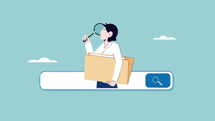 find new job or explore website concept, looking for job vacancies, browse the internet to get information, search concept, woman looking for job information in the search box using magnifying glass