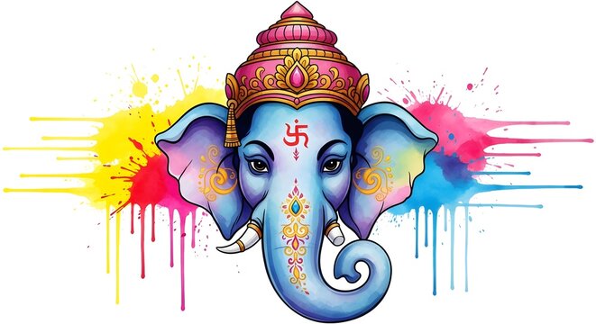 Illustration of blue ganesha with pink headdress and colorful paint splatters on a white background