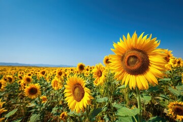 Fototapeta premium Vibrant field of sunflowers basking in the sunlight under a clear blue sky during a warm summer day in the countryside