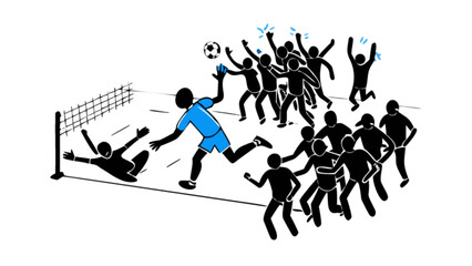 Sepak takraw match illustration with players, net, ball, and cheering crowd for sports content and design