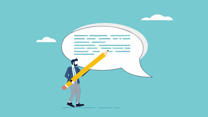 written communication, businessman writing communication message on speech bubble, communicate via message or text, Email writing skill for career success, make online newsletter for company promotion