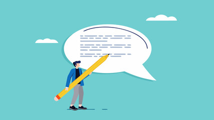 written communication, businessman writing communication message on speech bubble, communicate via message or text, Email writing skill for career success, make online newsletter for company promotion
