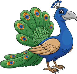 Cartoon peacock illustration, vibrant tail feathers, blue body, green fan display, eye-patterned plumage, wildlife vector, decorative bird clipart