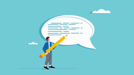 written communication, businessman writing communication message on speech bubble, communicate via message or text, Email writing skill for career success, make online newsletter for company promotion