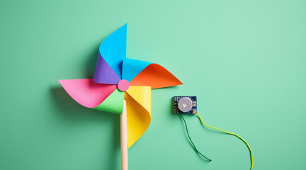 Colorful Pinwheel with Motor on Vibrant Green Background for Creative Projects