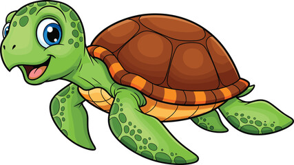 Cartoon turtle illustration, swimming pose, happy expression, green body, orange-striped shell, aquatic animal vector, kids clipart, cheerful character