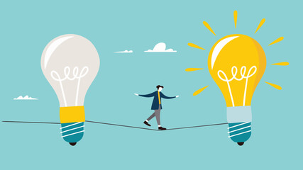 change business strategy illustration with concept of a businessman cross the rope from a dead light bulb to a burning light bulb, innovation in company management change to achieve good business © vector