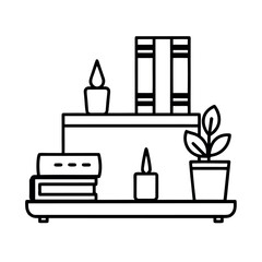 Bookshelf with stacked books, a plant, and a candle