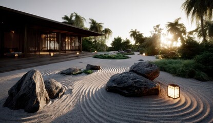 Obraz premium Tranquil zen garden at sunset