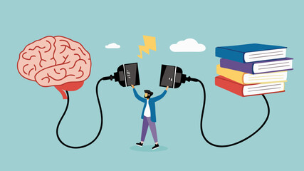 read books to learn new lessons, literature or intelligence information, improve literacy and numeracy skills, businessman connect plug with stack of book with human brain concept vector illustration
