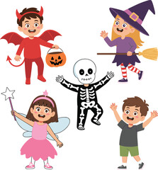 Halloween kids costume illustration, devil, witch, skeleton, fairy, festive children vector, trick-or-treat characters, spooky celebration clipart, autumn holiday graphic