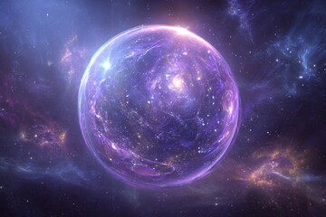 Obraz premium Vivid cosmic purple sphere radiates light in the depths of space surrounded by a vast expanse of stars and swirling galaxies