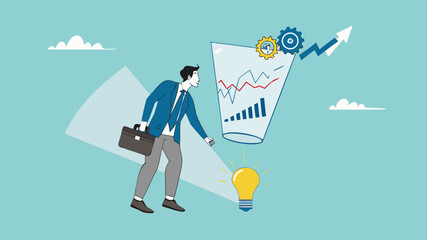 Data scientist, analyze data to produce recommendation and company decision support, analyze data for business insight, businessman analyzing lightbulb idea using magnifying glass for business insight