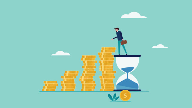 long term investment concept, Growth Earning From Compound Interest In Long Term Investing, businessman makes financial growth graph by stacking gold coins on top of hourglass vector illustration