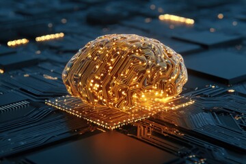 Digital illustration of an illuminated brain composed of circuitry elements, showcasing the fusion of technology and neuroscience in a futuristic setting