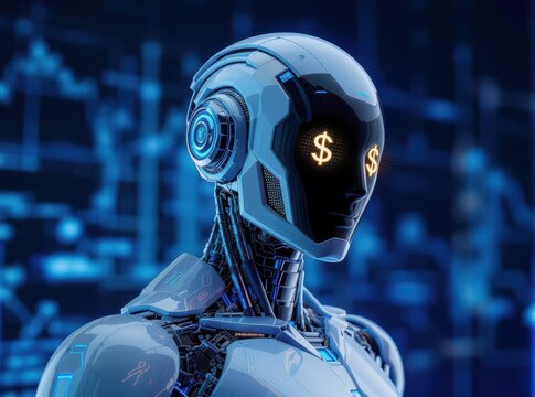 Smiling futuristic robot with dollar and rupee currency symbols in its eyes, representing artificial intelligence in finance, fintech, and global currency trading.

