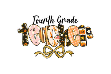 Fourth grade halloween teacher design with pumpkins, ghosts, and bats isolated on transparent background