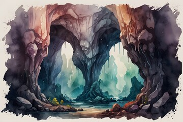 Caves and caverns in watercolor style
