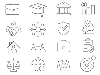 Fototapeta premium Social policy editable stroke outline icons set isolated on white background. Quality of Life, Social Justice, and Equal Opportunities. Education, Healthcare, Safety, Disability Support.