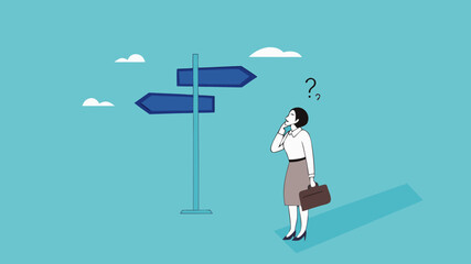 choose a new career path, confused businesswoman about choosing his career direction, make life decision choice, decide the right or wrong direction
