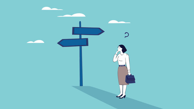 choose a new career path, confused businesswoman about choosing his career direction, make life decision choice, decide the right or wrong direction