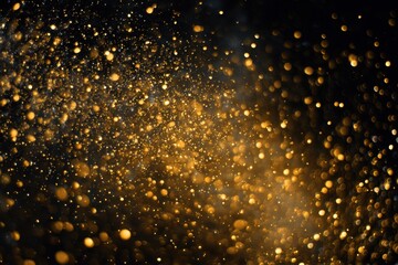 Gold dust particles drift gracefully in slow motion creating a shimmering effect against a dark background