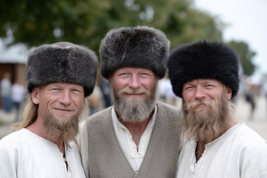three men in traditional russian dress with long beards and fur hats pose in a countryside landscape reflecting heritage and history