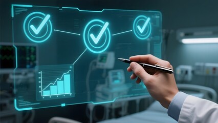 Hand interacting with a futuristic digital interface displaying checkmarks and data graphs in a laboratory setting.