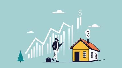 house investment, real estate price growth or mortgage calculation chart, buy or rent house decision, Housing price rising up, smart businessman property expertise presenting house pricing graph