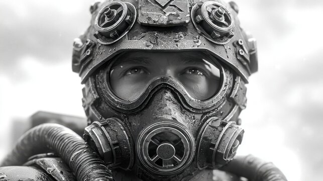 Monochrome Portrait: Man in Post-Apocalyptic Gas Mask - Powered by Adobe