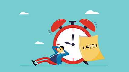 Procrastination or wasting work time with businessman sleeping leaning on an alarm clock with the word later written on paper sticky notes, delaying work or wasting time, laziness to do a task or job