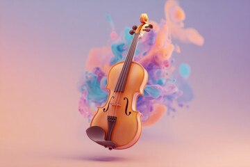Fototapeta premium Elegant Violin Surrounded by Colorful Abstract Smoke Swirls
