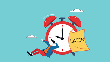 Procrastination or wasting work time with businessman sleeping leaning on an alarm clock with the word later written on paper sticky notes, delaying work or wasting time, laziness to do a task or job