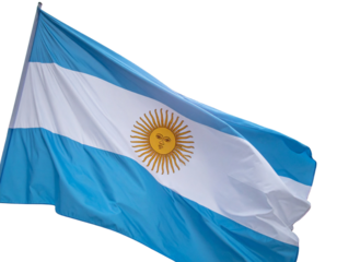 Argentina Flag Flowing with Gentle Breeze and Sun Emblem Fully Visible Front View, Isolated on Transparent Background PNG