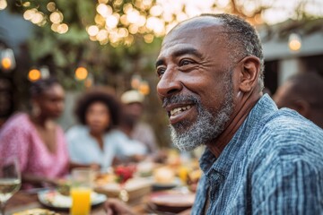 Smiling middle aged Black man enjoying outdoor gathering at a festive table surrounded by friends in a well-lit evening setting