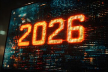 Digital display showing the year 2026 in bright orange numbers. The background features a matrix of glowing data patterns, suggesting a futuristic theme.