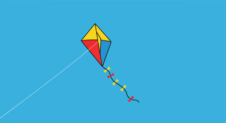 Colorful kite with bow tail against a solid blue background