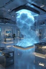 Futuristic lab, glowing cloud in display case