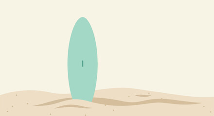 Mint surfboard stands alone in sand against neutral sky