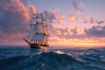 Obraz premium Large ship sails through vibrant ocean waves at sunset, showcasing billowing sails and dramatic clouds in the evening sky