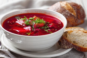 Borscht soup served in a bowl beside slices of rustic bread, showcasing vibrant colors and fresh garnishes