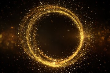 Gold glitter circle of light radiating sparkles on a dark background, creating a mesmerizing aura that captures the essence of elegance and celebration