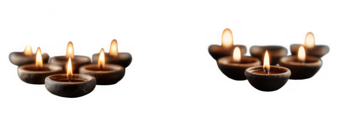 Group of burning oil lamps illuminates the darkness during a spiritual festival isolated on transparent background