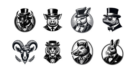 Vector Animals Wearing Suit and Top Hat Illustration
