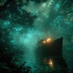 Mystical boat in bioluminescent forest