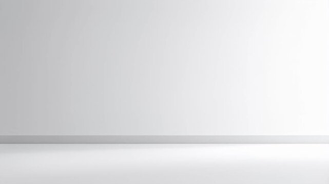 Pure white minimalist interior space with smooth wall, floor, and subtle baseboard
