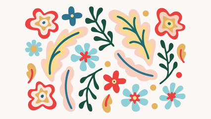 Obraz premium Colorful floral arrangement with stylized flowers leaves and dots on a light background surface art