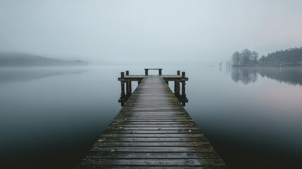 Obraz premium Serene Foggy Lake View with Wooden Pier and Calm Water Reflection