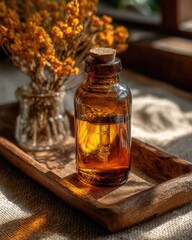 Amber bottle of herbal oil on wooden tray with dried flowers