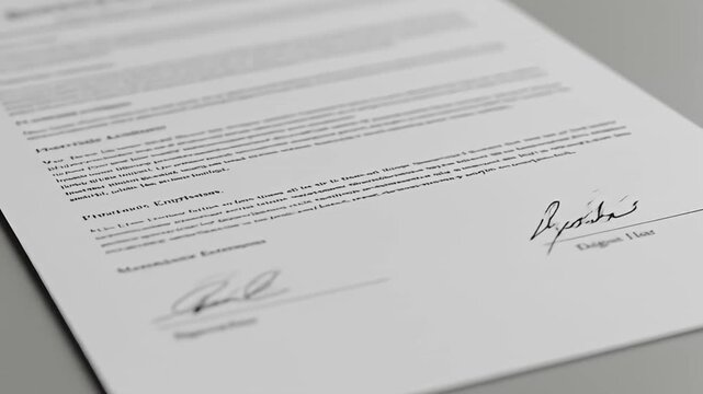 A signed business agreement document on a grey surface in an office setting